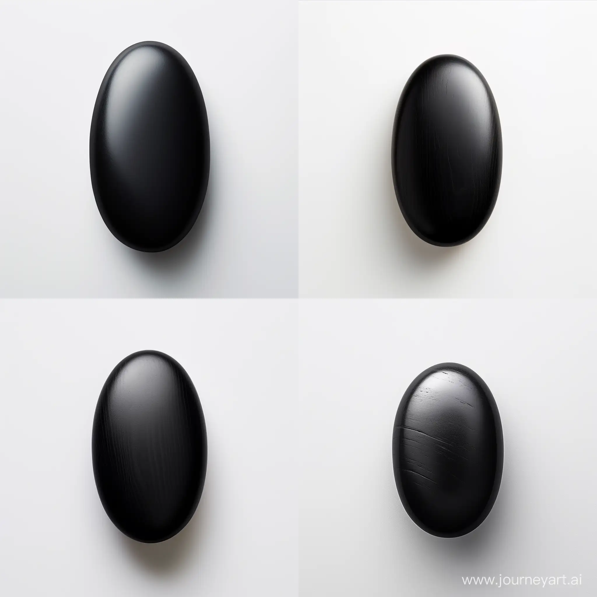 Beautiful solid stone + oval shape + one piece+ dark black color + matte texture +plain + slightly elongated horizontally + polished cabochon + medium size +on a white background +view of the stone from above + on a light background

