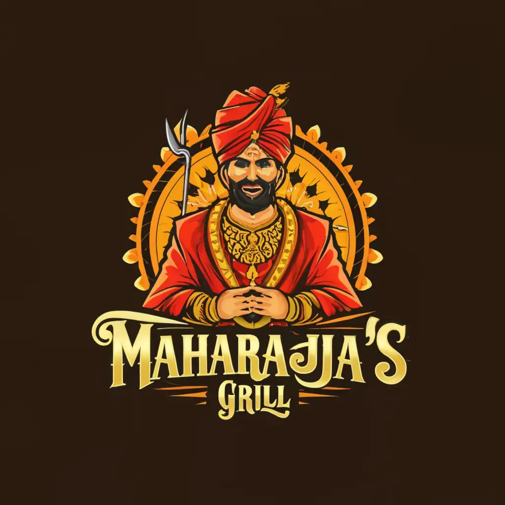 a logo design,with the text "Maharaja's Grill", main symbol:king ready to cook,complex,clear background