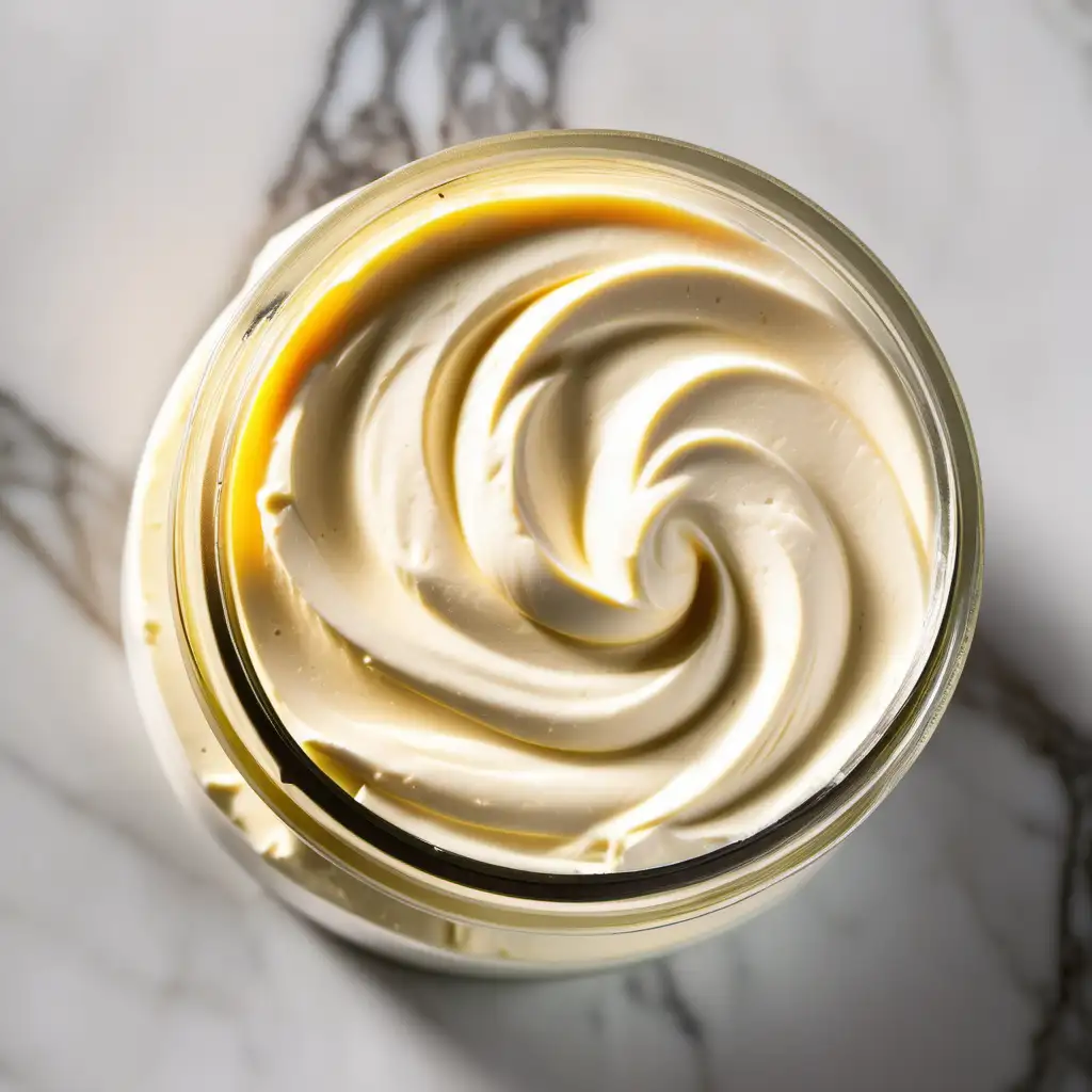 Clear jar of body butter, with mixed fruit around it And with a marble background. Do not show label on the jar. Jar should be clear