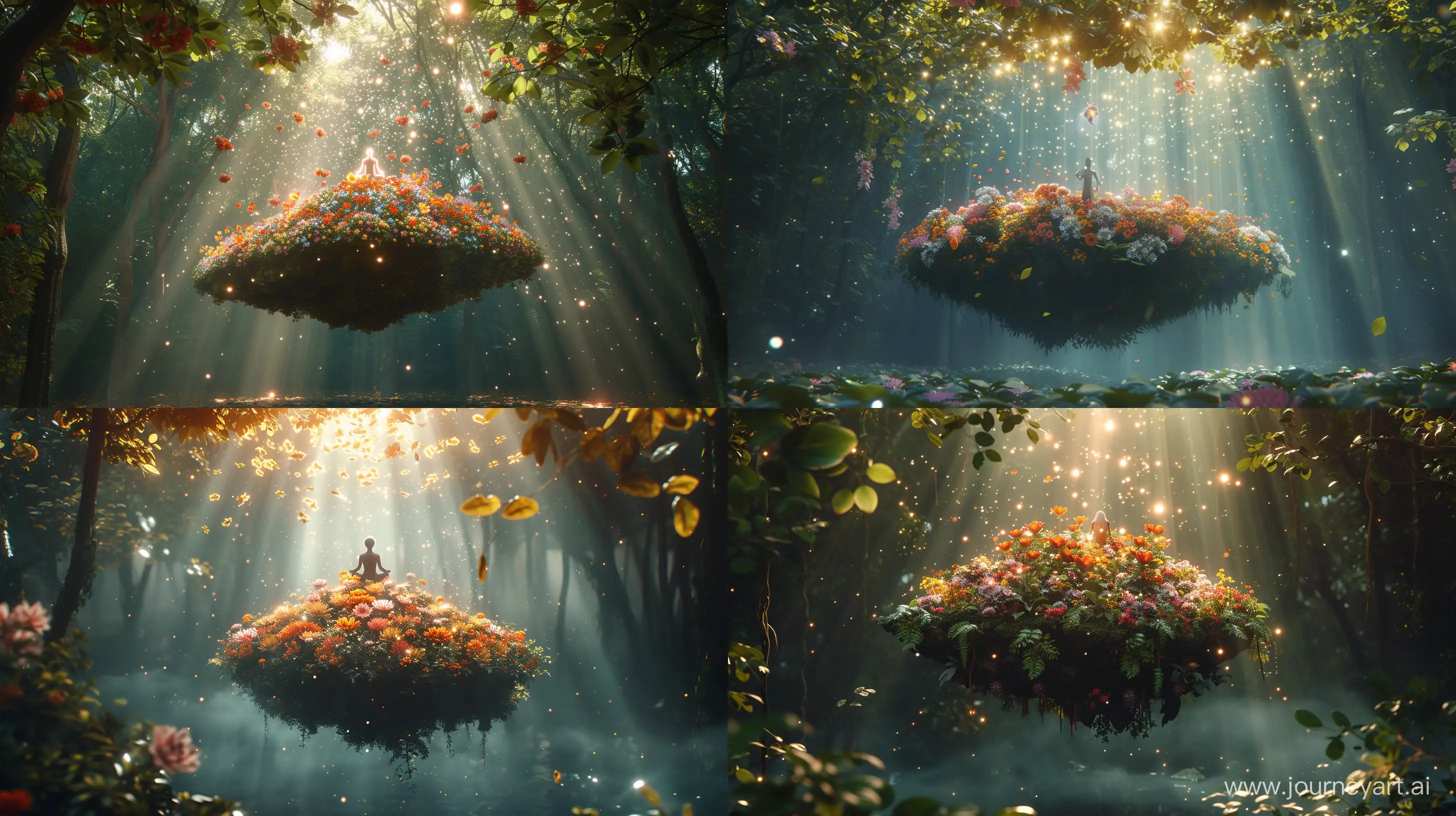 /imagine prompt: A 4k digital masterpiece capturing a surreal island afloat mid-air, densely packed with radiant flowers, with a lone individual in deep meditation, amidst a cascade of radiant light flecks in a dimly lit grove. Celestial light streams through the leaves above, illuminating the tableau with a supernatural aura. Created Using: vibrant botanical illustrations, subtle light flares, sparkling ambiance, centered human figure, mystical forest setting, visual depth realism, detailed light interactions, clear resolution --ar 16:9 --v 6.0 --v 6 --ar 4:3 --no 65019