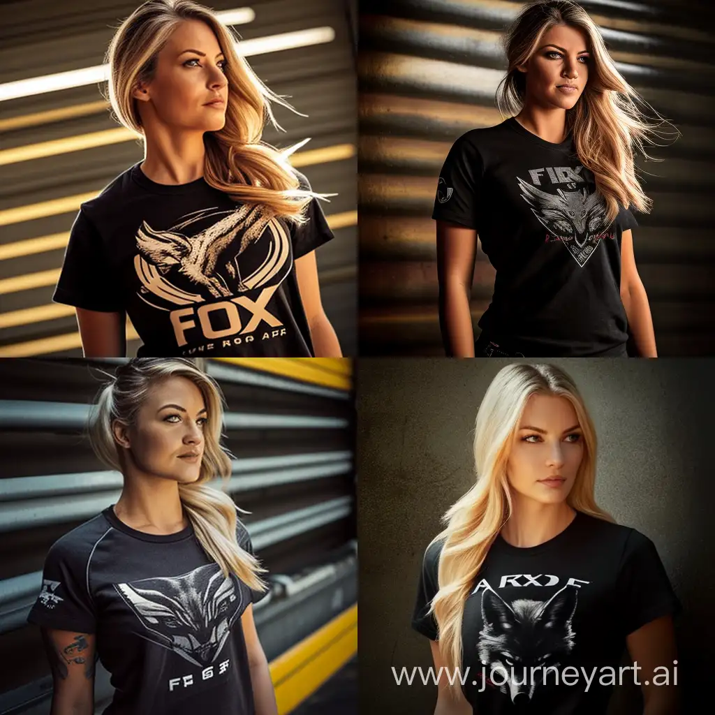 Stylish-Female-in-Black-Fox-Racing-TShirt-with-Striking-Logo-Illustration