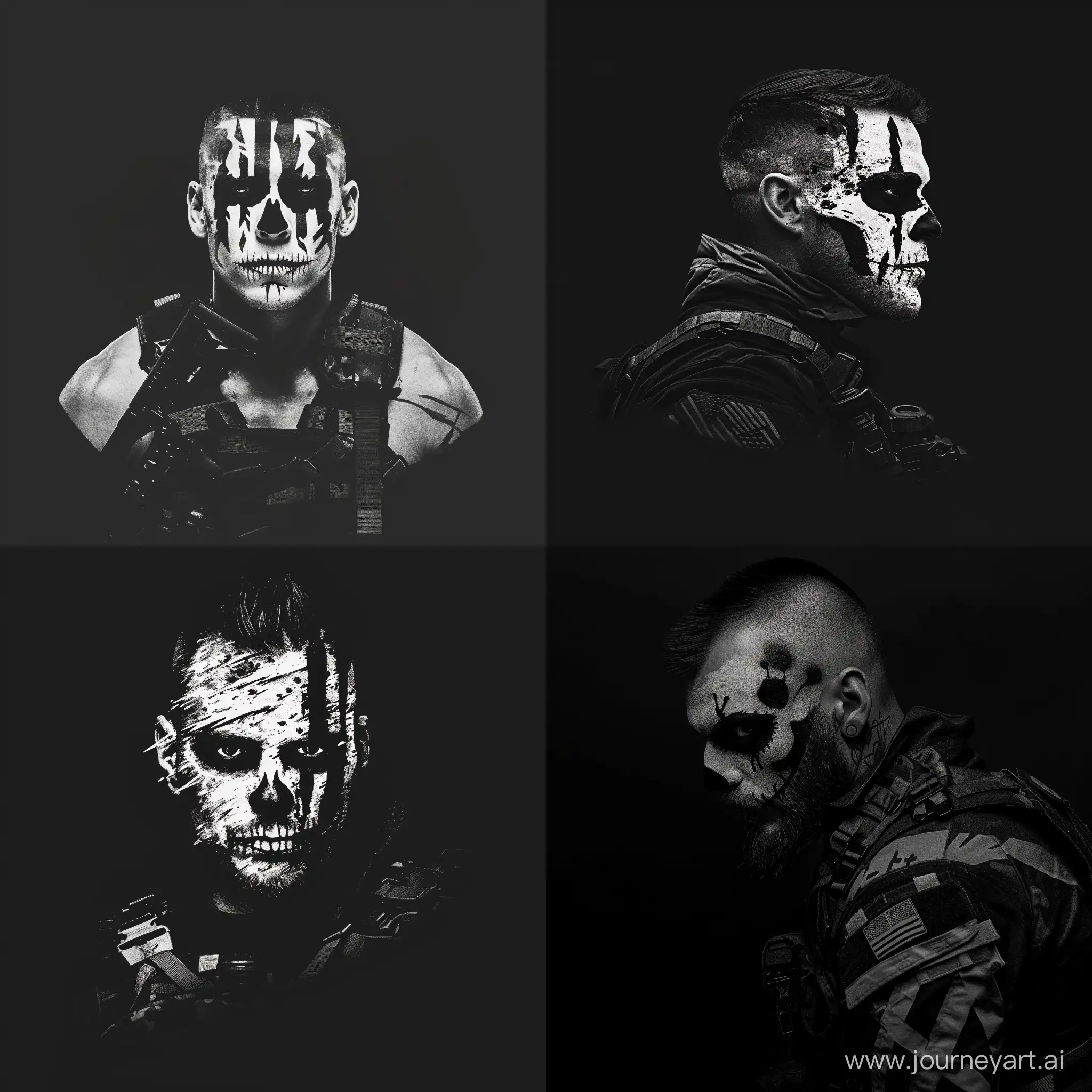 Minimalistic-Skull-War-Paint-Man-with-Military-Equipment-in-Black-and-White