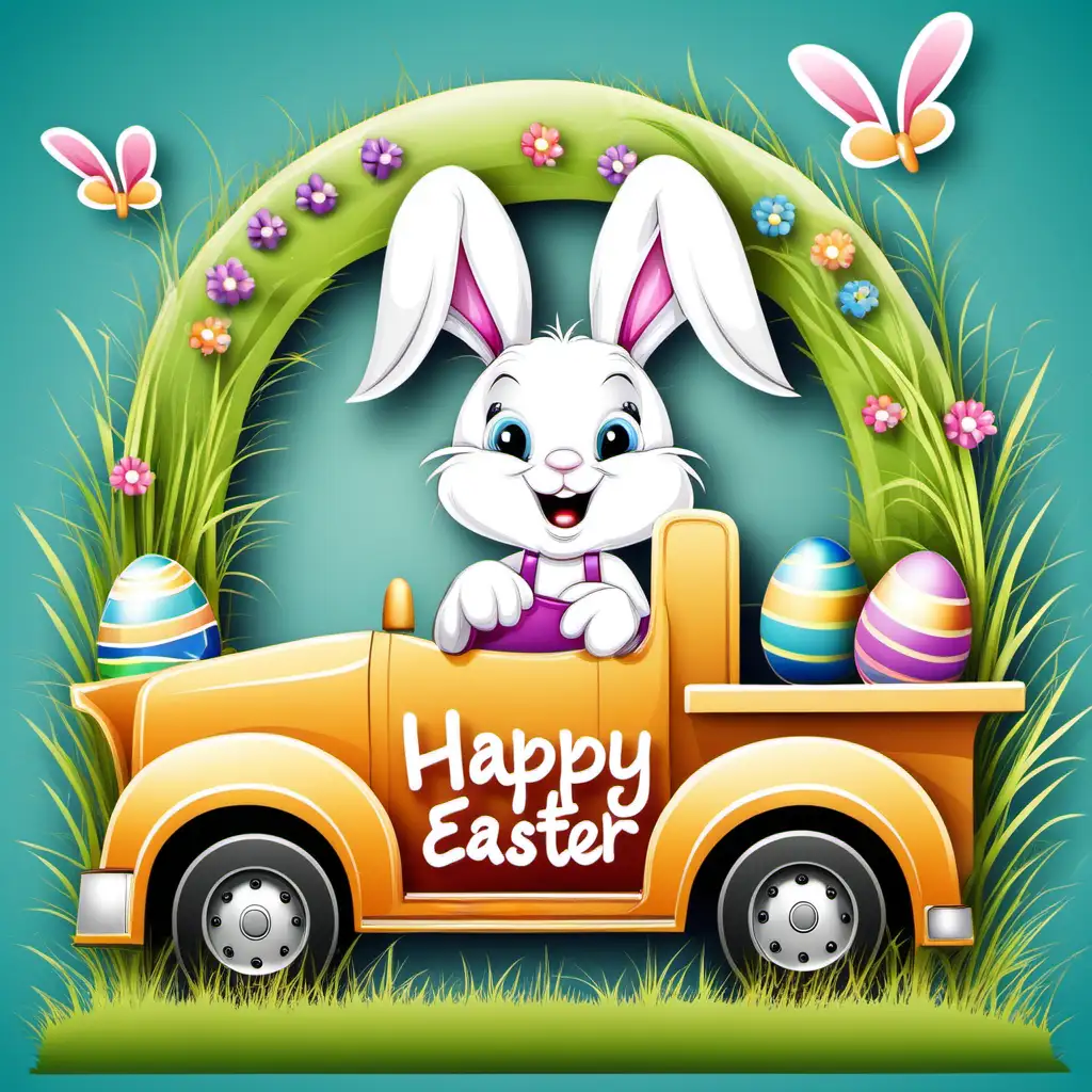 Joyful Easter Bunny and Arched Letters on a Truck