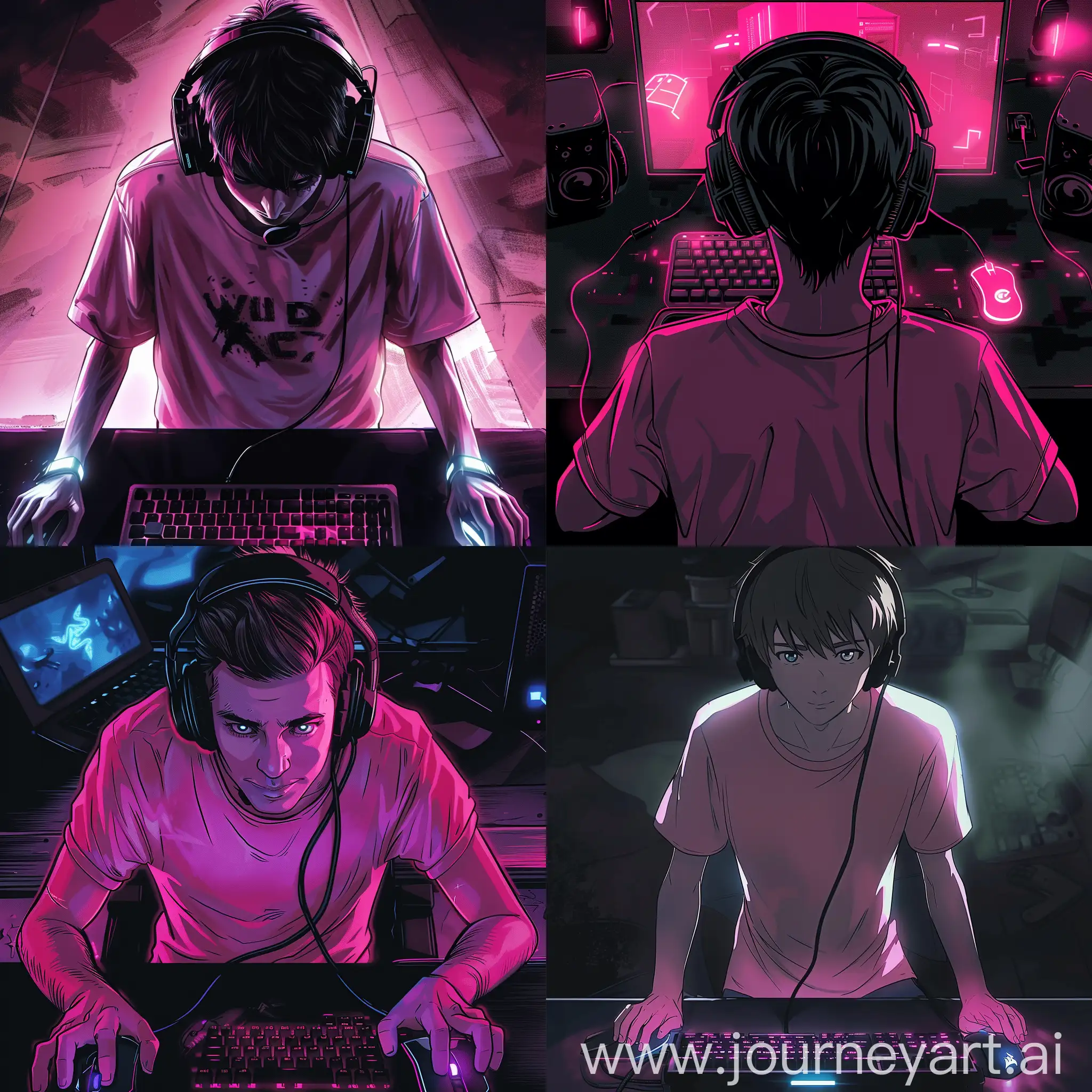 Gaming-Channel-Banner-Anime-Guy-in-Pink-TShirt-with-Glowing-Mouse-and-Keyboard