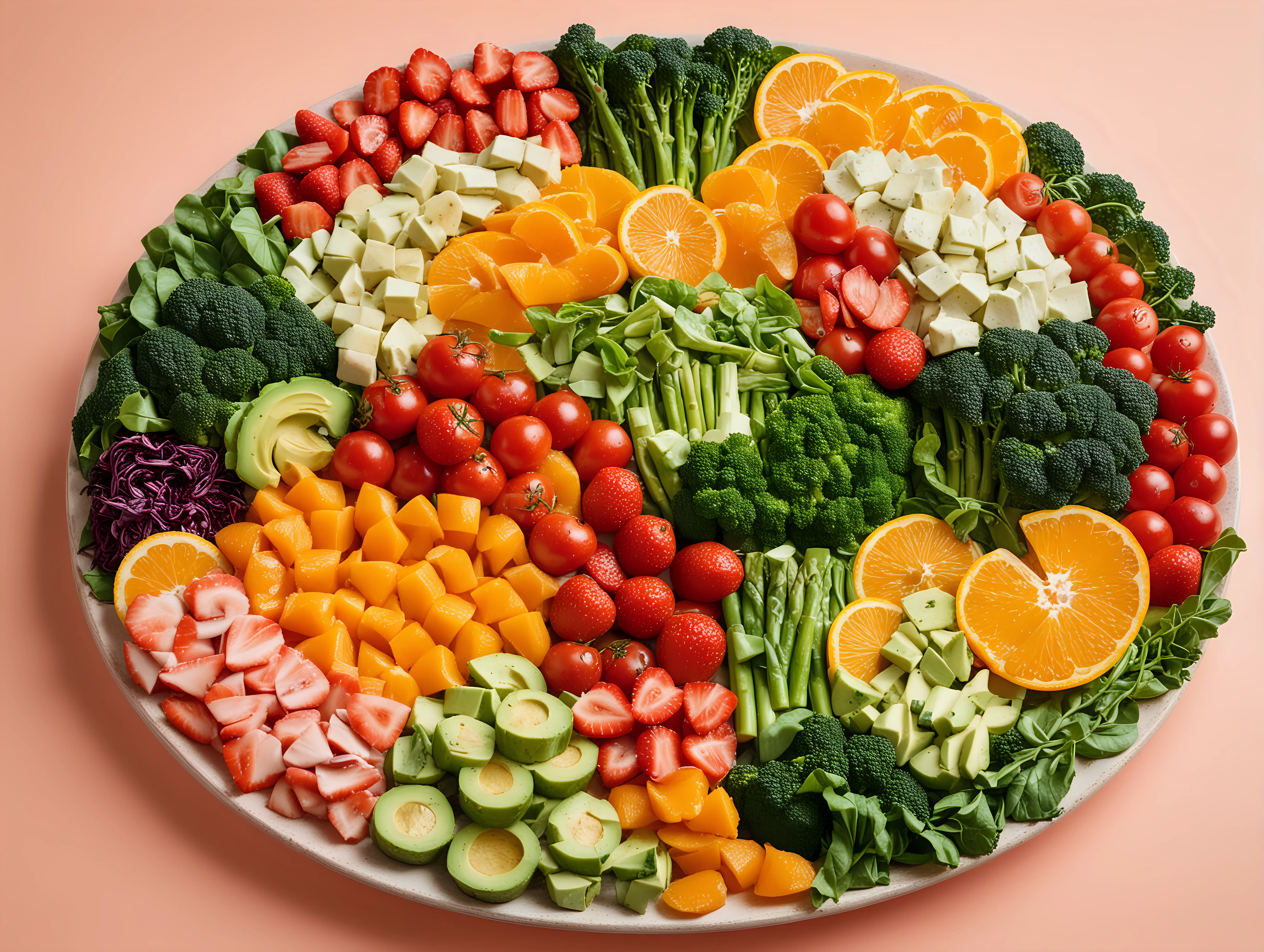 A colorful plate filled with fruits and vegetables that are high in glutathione, such as broccoli, avocado, asparagus, spinach, kale, oranges, strawberries, and tomatoes. The foods are neatly arranged in a circular pattern with each type of food clearly visible. The background is a gradient of soft pastel colors.