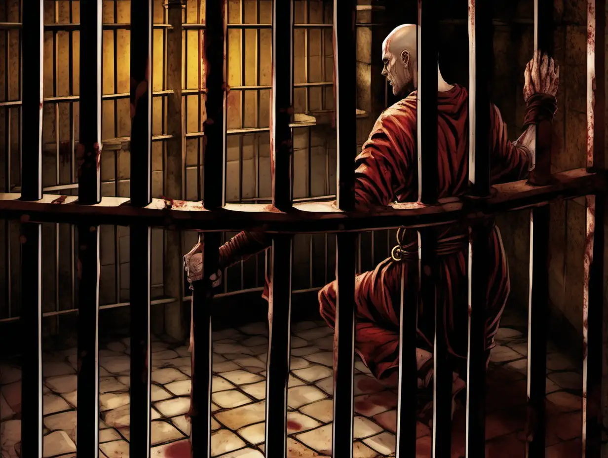 Medieval jail, curved back wall, brown floor tiles, dark yellowish water drains on the sides, ginger hair monk behind bars, white and maroon clothes, tortured, hurt, injuriues, bruises, desperate, Medieval fantasy painting