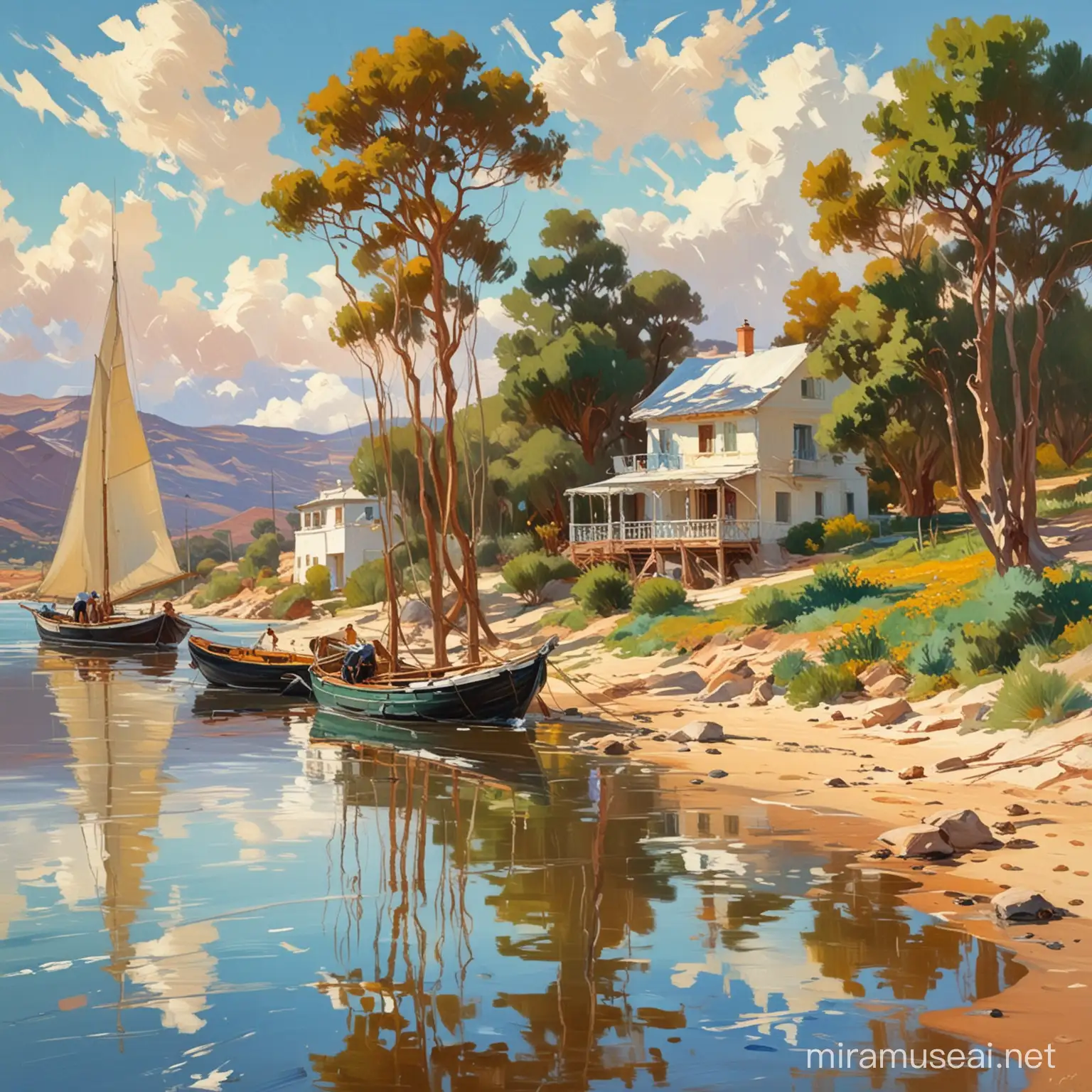 painting landscape in the style of Joaquín Sorolla, an epic painting, lighting, wind trees reflected in the water. By the river, there is a small house, boats, fishing nets drying on the shore, clouds, in the distance a sailing ship. in vector illustration

