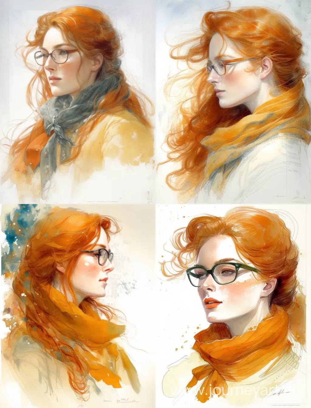 white background looking to the side beautiful character design, double exposure shot, front profile <young woman with long luscious orange hair, dark orange scarf, round glasses with thin brown rim>, beautiful hair and confident, insanely detailed and intricate, elegant, watercolor, cinematic, portrait, raphaelite, headroom, pierre-auguste renoir