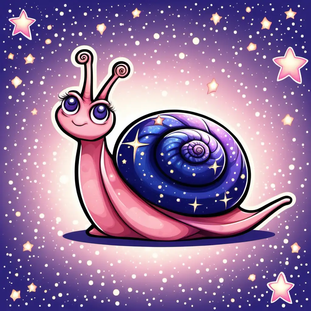cartoon vector style, a shy, timid, feminine snail whose body is a pink shimmery color with a dark blue shell with beautiful sparkling stars all over it. no background