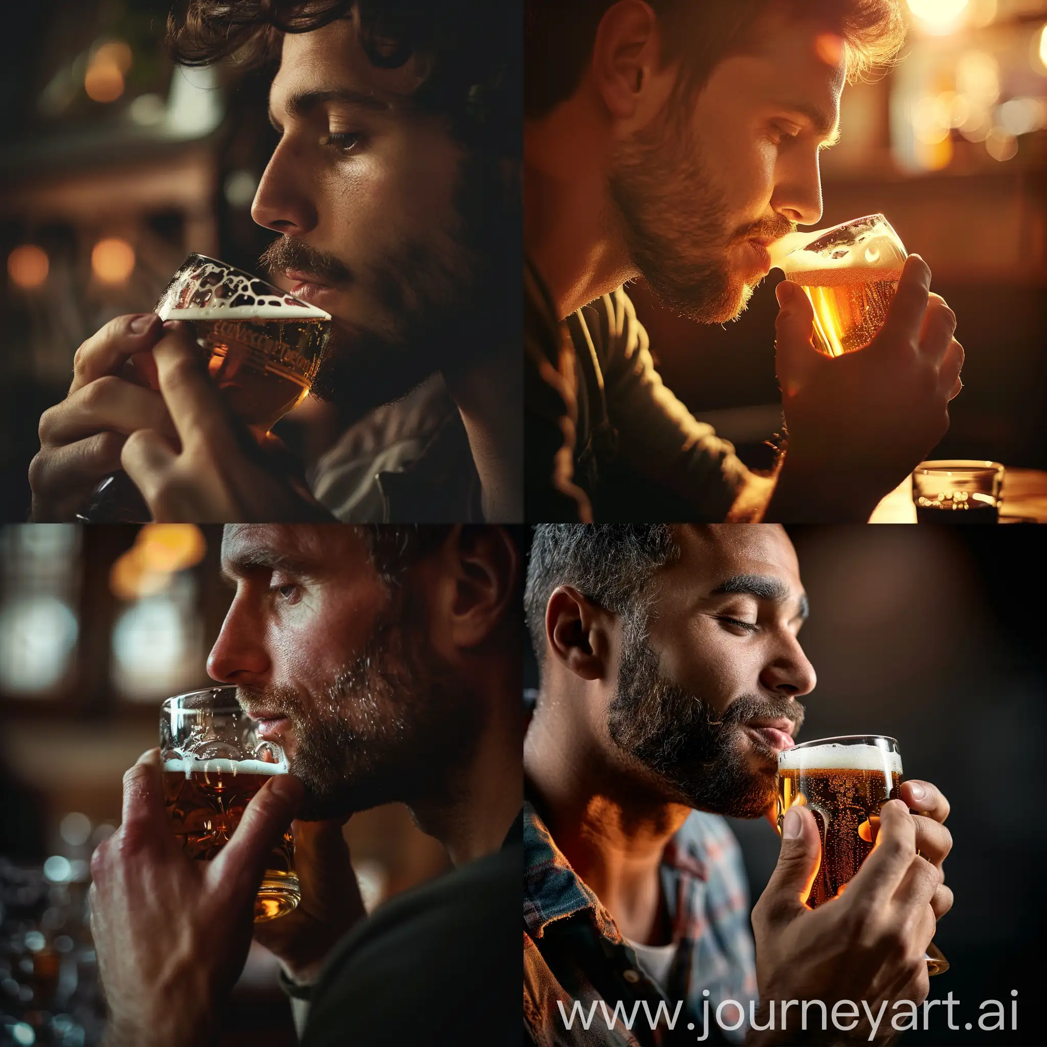 Man tasting beer,  Digital photography, Contemporary era, Warm tones primarily with a shallow depth of field and soft lighting.