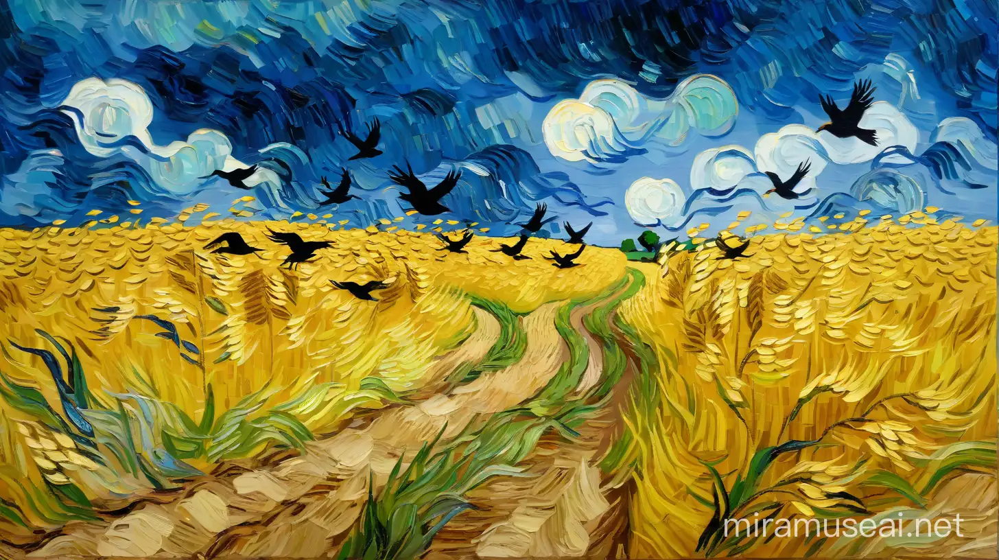 Van Gogh Inspired Wheatfield under Stormy Skies with Crows