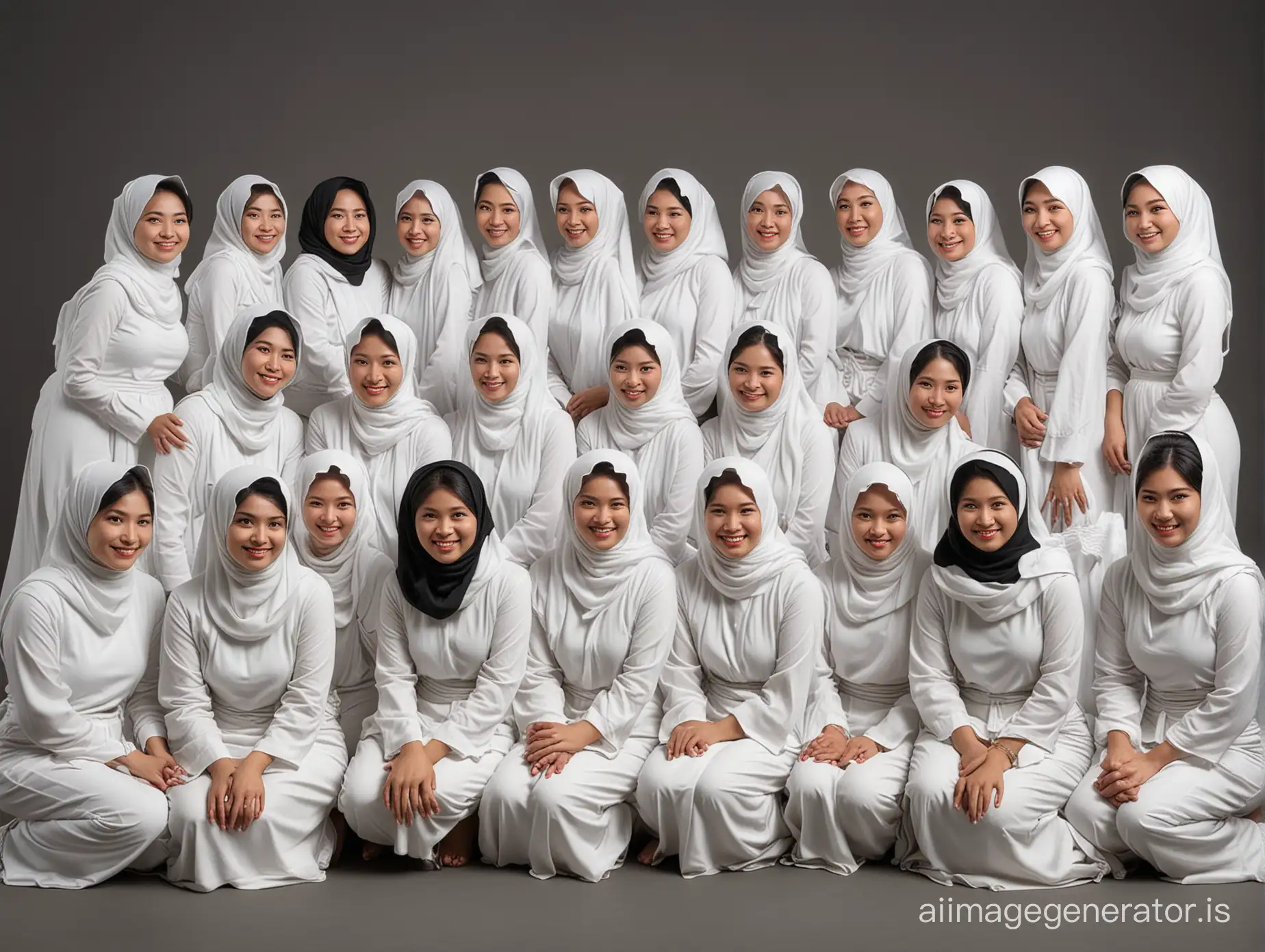 Create realistic photography. thirty human adults (southeast asian women). In a sitting position. Everyone is normal and happy together. white Muslim clothes. Dark colored photo studio background.