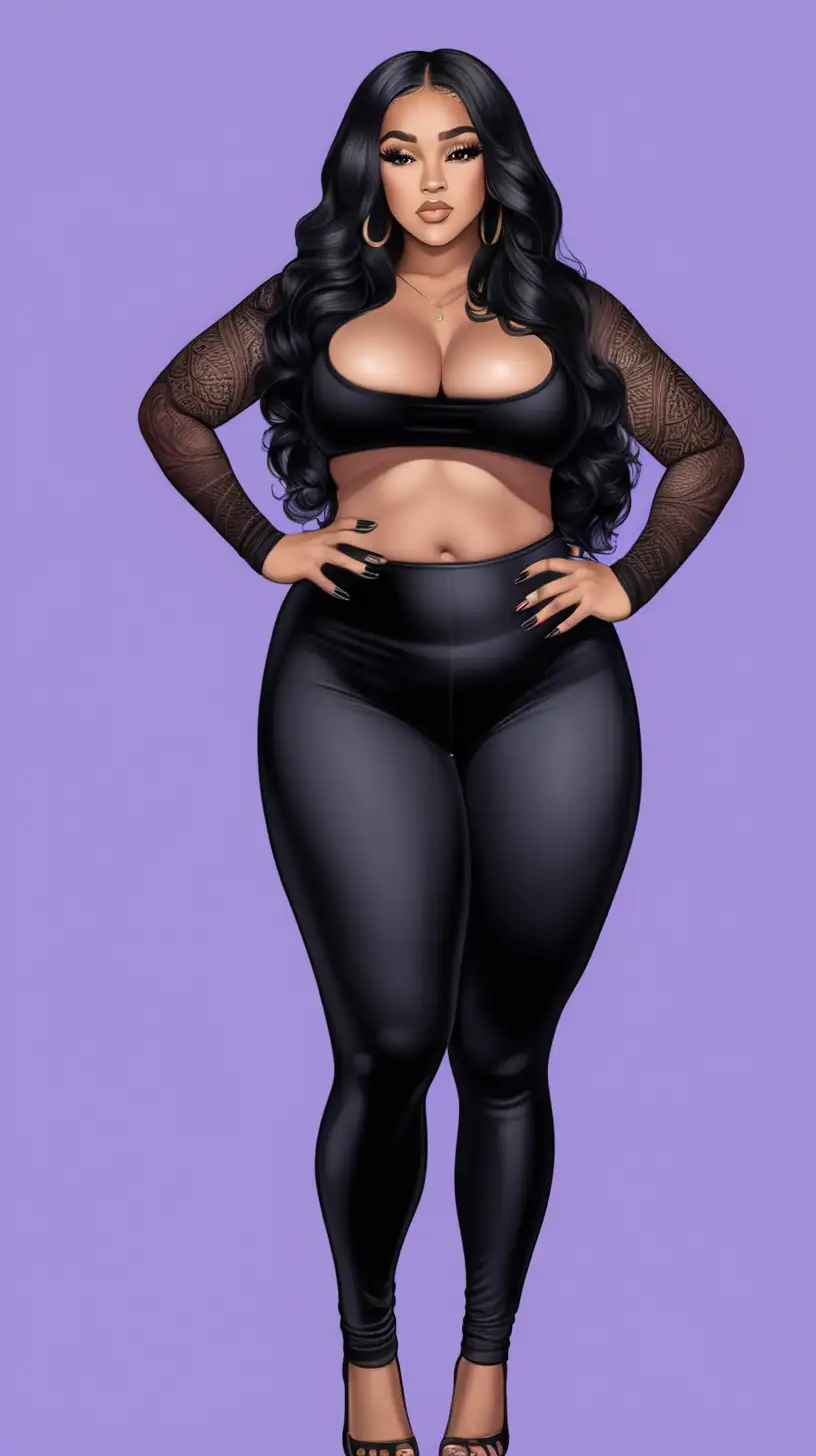 Spanish, black light skin woman. Small size breast, curvy thick plus size body. Has long nails, voluptuous eyelashes, chinky small eyes, long black hair, wears black leggings, a long sleeve crop top with thumb holes.