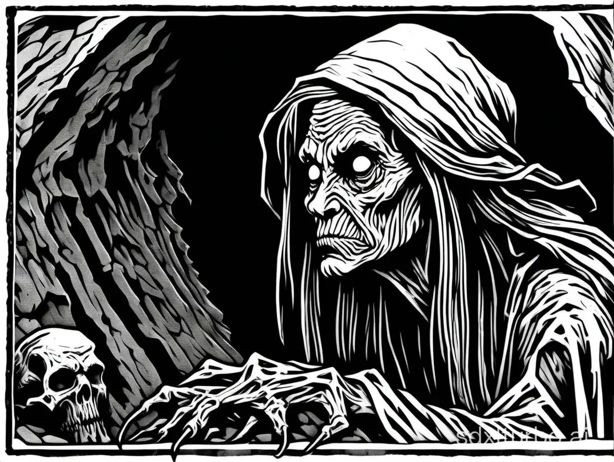 a withered hag in her lair, isolated on a white background, close up, profile, block print, simple composition, black and white ink, no gradients, 2bit bw, high contrast, 3px black border, simple style of 1981 Dungeons and Dragons, by Jeff Dee,