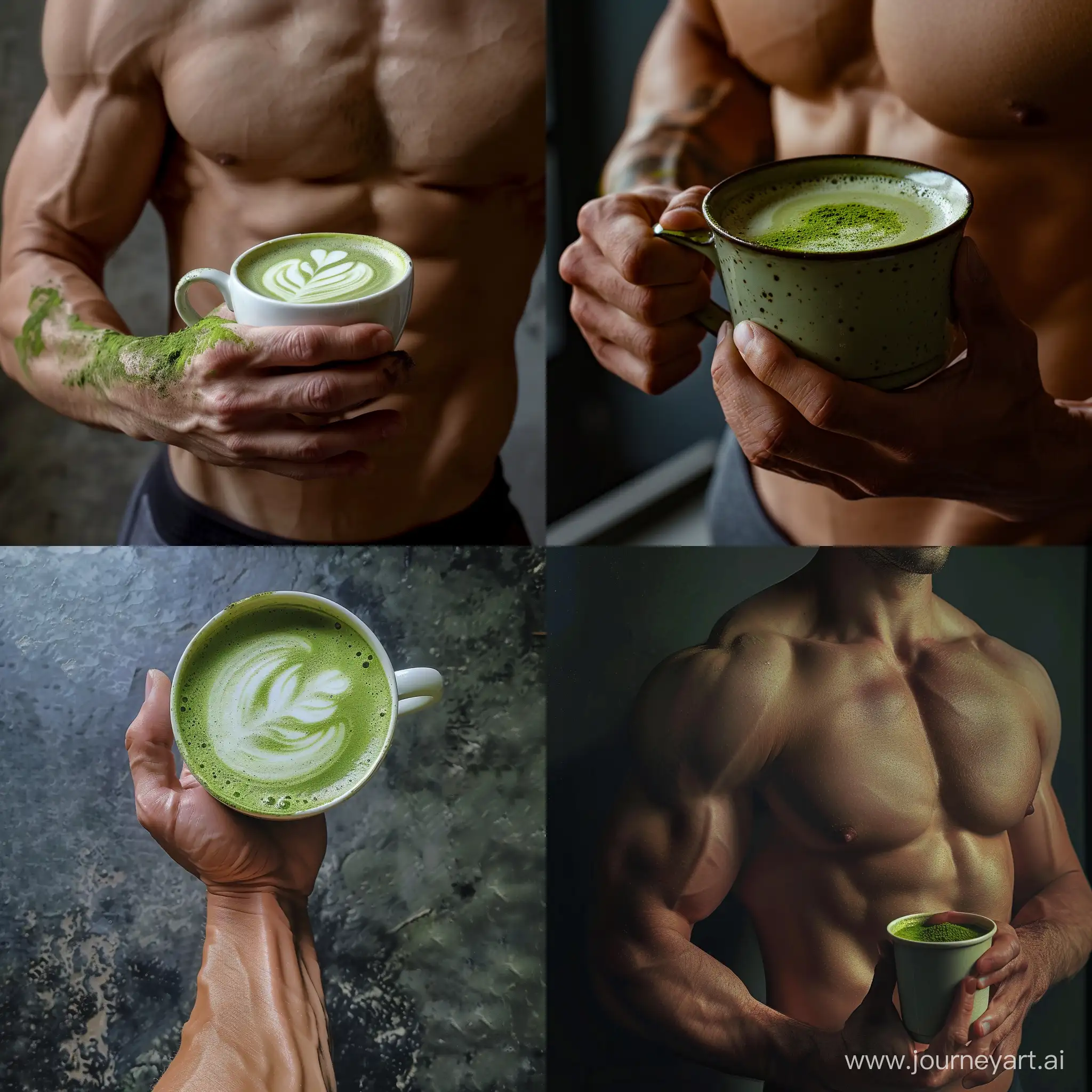 Real picture of a cup of matcha tea in the hand of a man with an athletic body. Complete and accurate details.