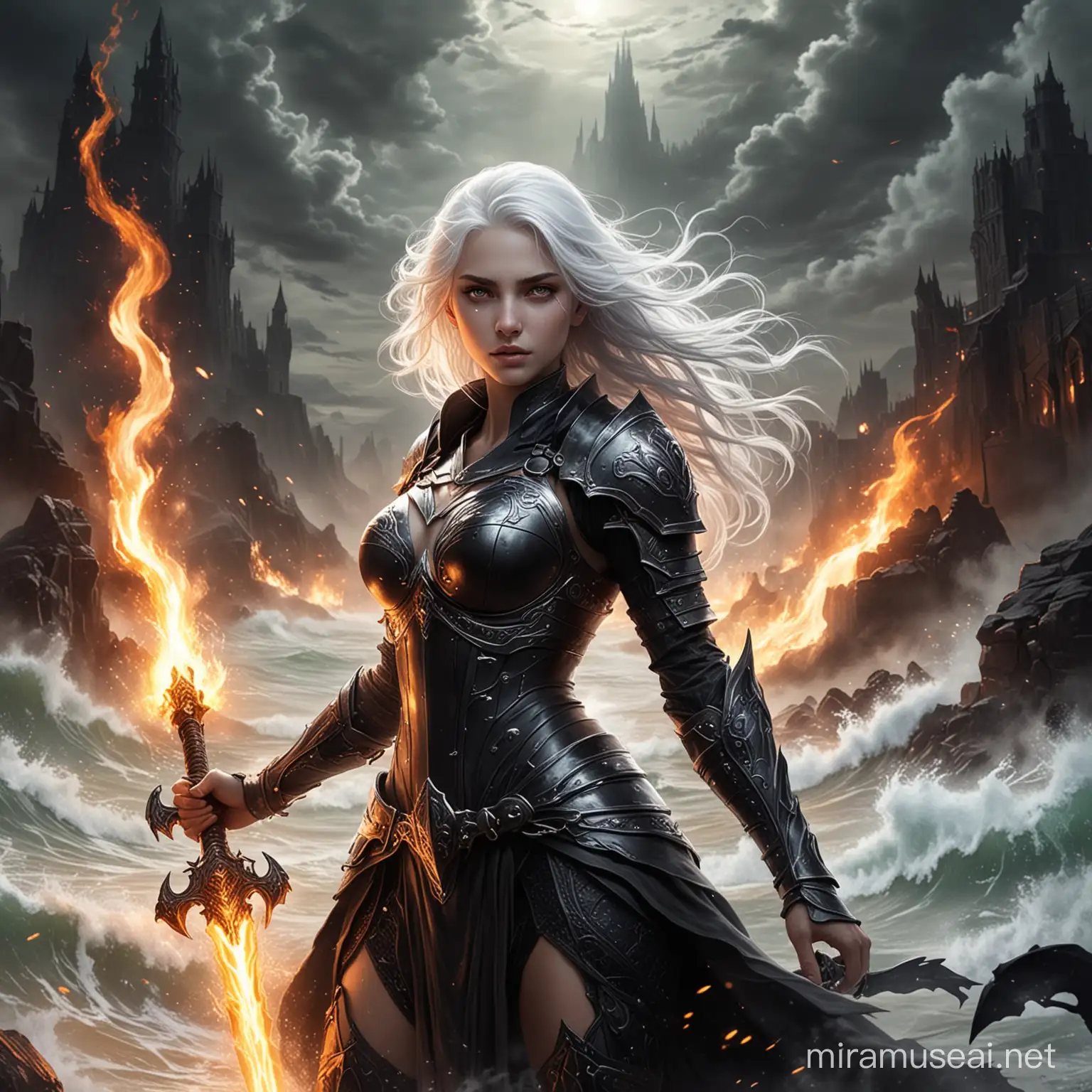 on a fieey battlefield of demons and monster, a young girl foght against an endless tides of monster. The young girl controlled white flames with magic. she controlled the fire and absorbed into her radiant figure. she was a tall, slender girl, with clear grey eyes and a detached look on her face. She had silver-white hair that fell to her back.  She was clad in black armor, wielding a blade and wreathed in blinding white flames. she unleashed her flames that had wrapped tightly around her armor and compressed into a furious mass of incinerating white radiance was blew outwards killing all


