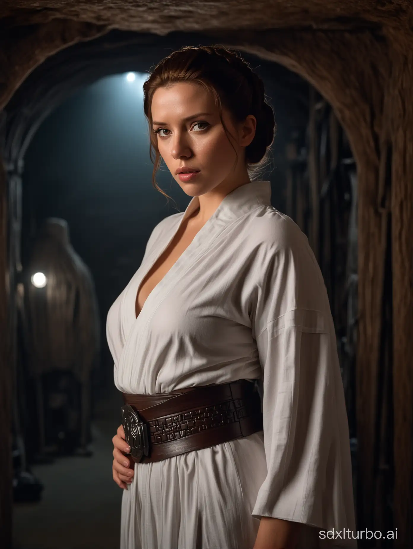 photography of (scarlet johansson) as Princess Leia, standing in a dark Jubba hut dungeon, professional shot, natural pose, closeup, portrait