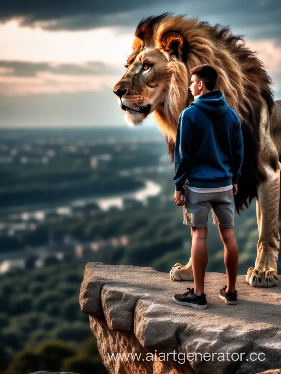 A young male human, standing on a cliff, he has a head from a lion, sharp focus, depth of field, 8k photo, HDR, professional lighting, taken with Canon EOS R5, 75mm lens