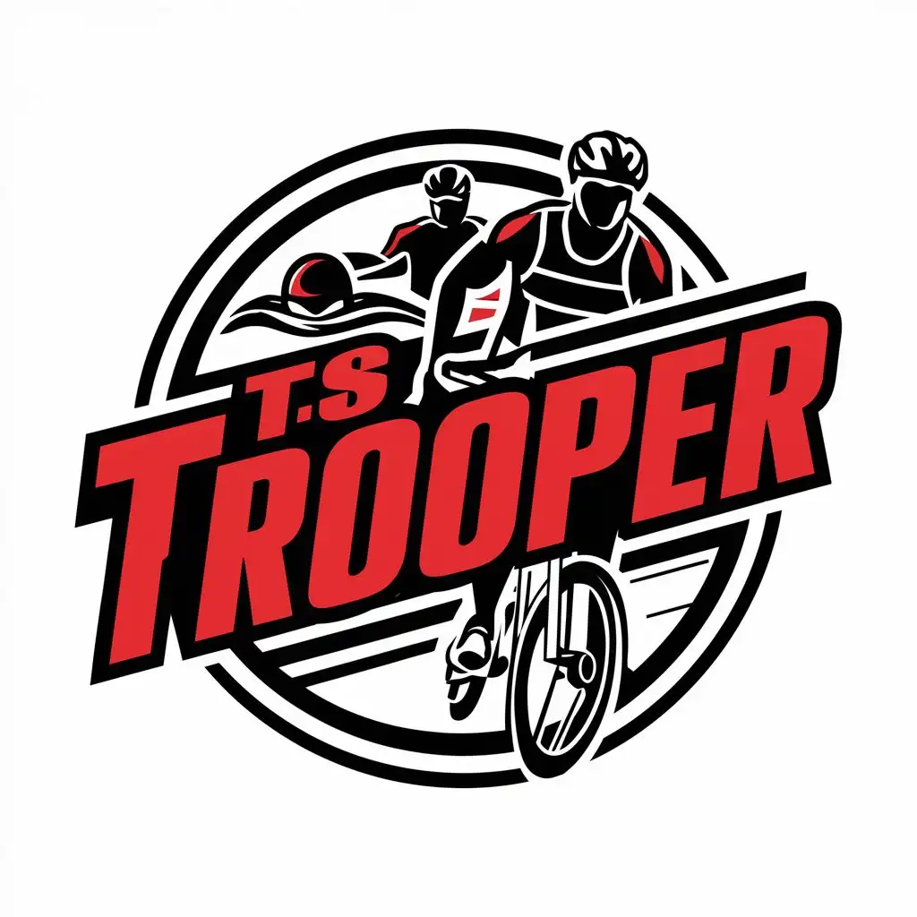 a circular logo that includes a swimmer, cyclist, and runner. Write the text "TS Trooper" in the figure. Use Red and Black colors.