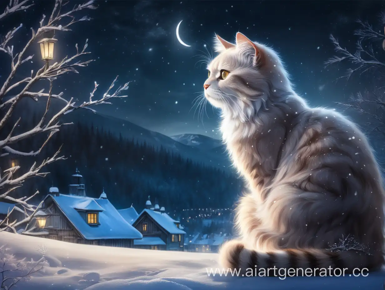 A beautiful wise cat, winter night, 
