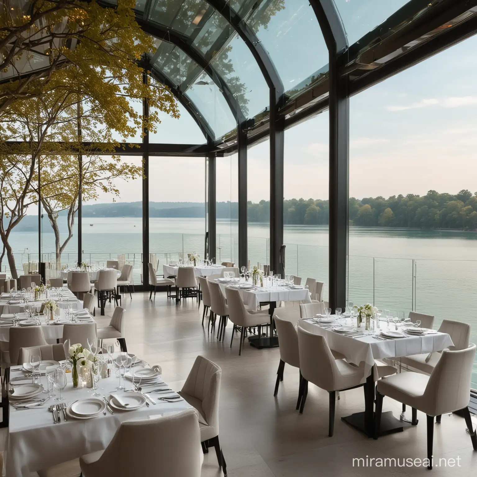 Imagine yourself in a world-class restaurant, elegantly adorned. Expansive glass walls showcase a breathtaking, unobstructed vista of a shimmering lake. Crystal-clear water stretches as far as the eye can see, with minimal trees to mar the panoramic view. The superstructure's architecture complements the scene – perhaps sleek metallic beams frame the lake-scape visible through the glass. It's a truly immersive dining experience, seamlessly blending luxury with the beauty of nature.