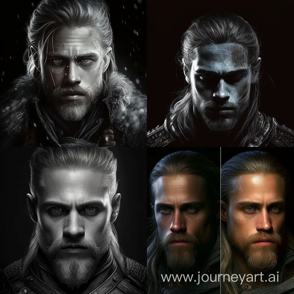 Make a picture of a Charlie Hunnam as Witcher. Make it serious, epic, brutal, bloody and reflective. Remember to show his Witcher eyes and make this picture like he is protecting Yennefer played by Eva Green. Don't forget about Eva Green !