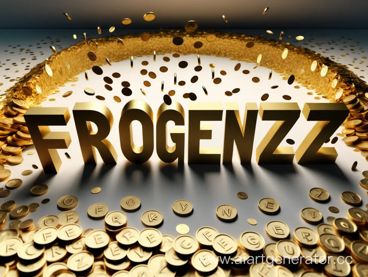 Надпись "Frogenze", каждая буква понятна, 3d, 8k, каждая буква качественно проработанна F R O G E N Z E, на фоне падают золотые монеты и бумажные деньги.