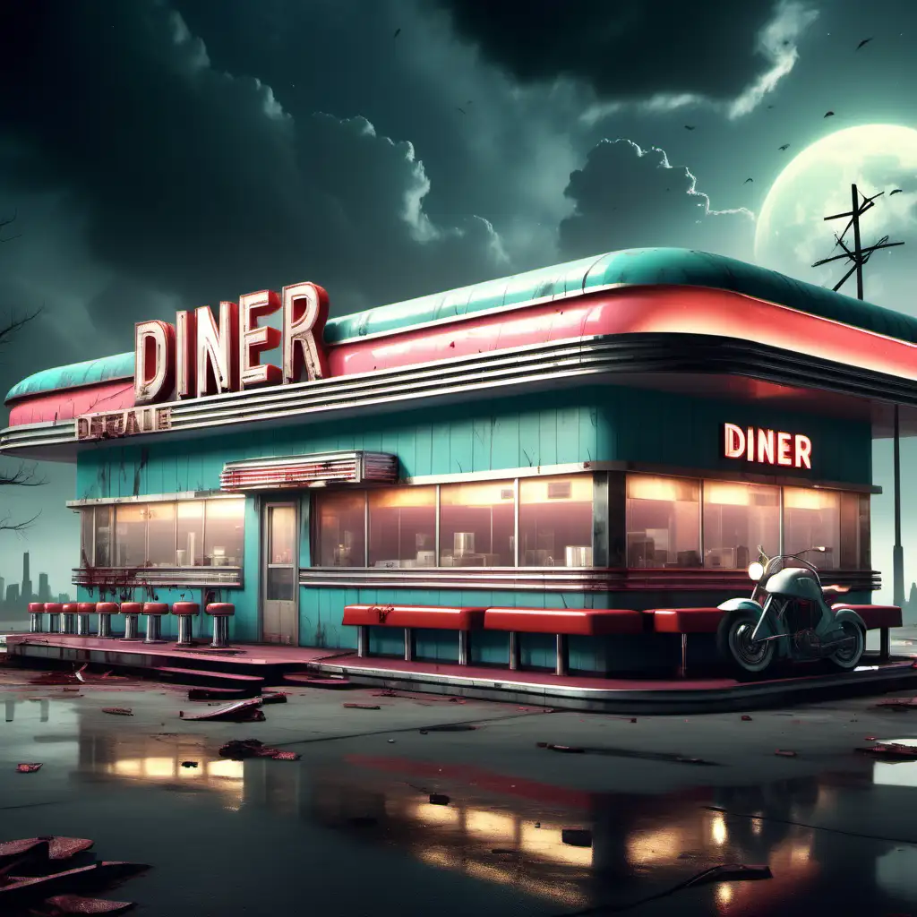 Create a nostalgic, futuristic diner, run down, zombie apocalypse 