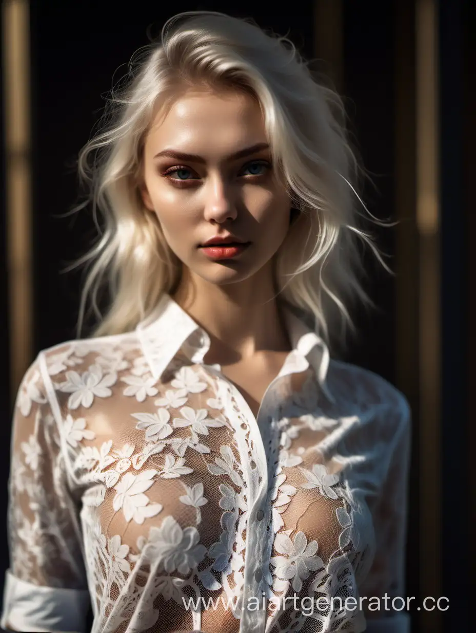 Photo of a beautiful russian model looking at camera, full body, wide shot, detailed skin, film photography, perfect body, realistic, sharp focus, very detailed, 4K HQ, depth of field, f/1.2, Leica, 8K HDR, High contrast, shadows, bokeh, platinum blonde hair, lace shirt