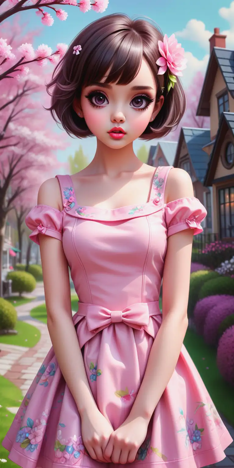 Trendy Spring Kawaii Girl in Pink Dress with Lip Gloss and Bob Cut Hair