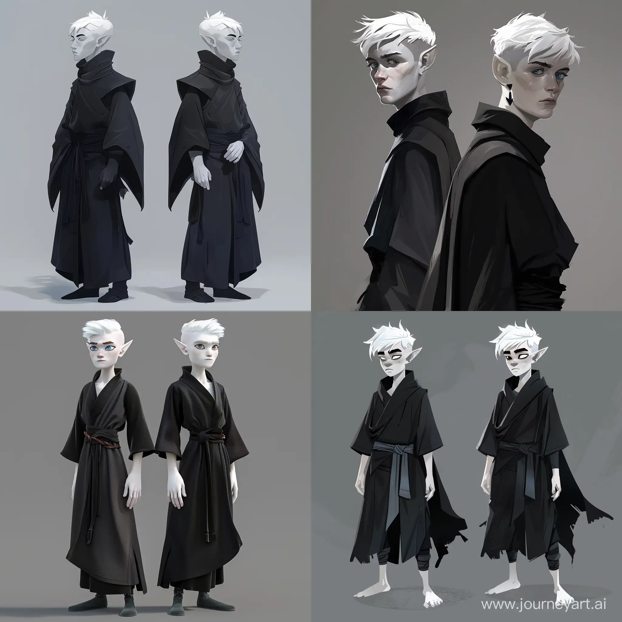 cool young rogue and monk d&d character, charismatic, short hair, white skin, black aprentice robes. dramatic, Kami and Kevin Areopagita animation style