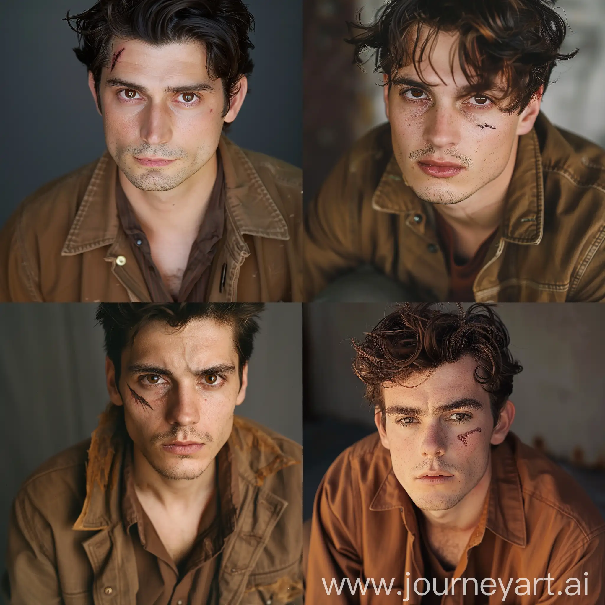 Mysterious-Man-with-Brown-Eyes-and-Scar-Portrait-in-Brown-Shirt-Jacket