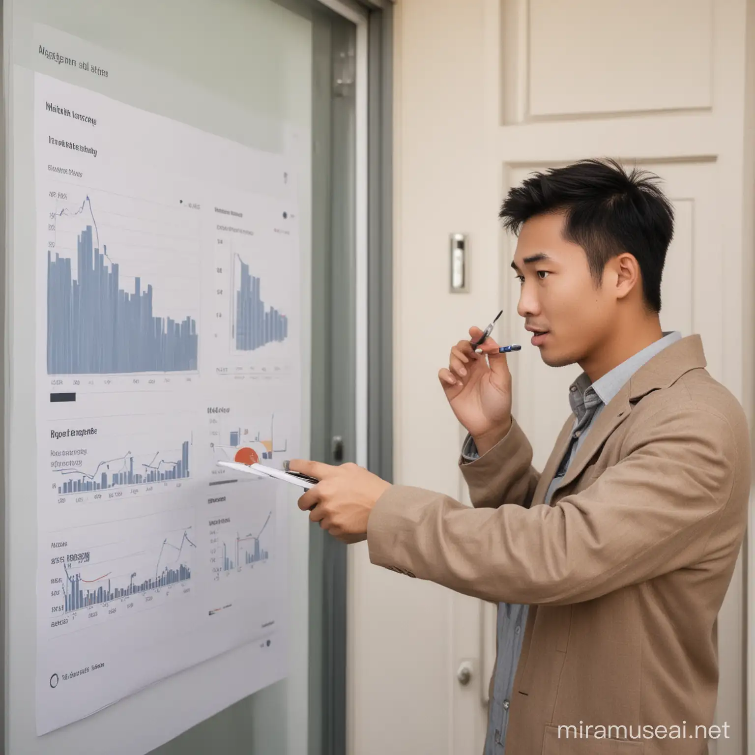 give me a picture divided by half, one side showing a asian guy property agenting knocking on doors, the other side showing an asian man having his laptop and seeing some graphs and analytic.
