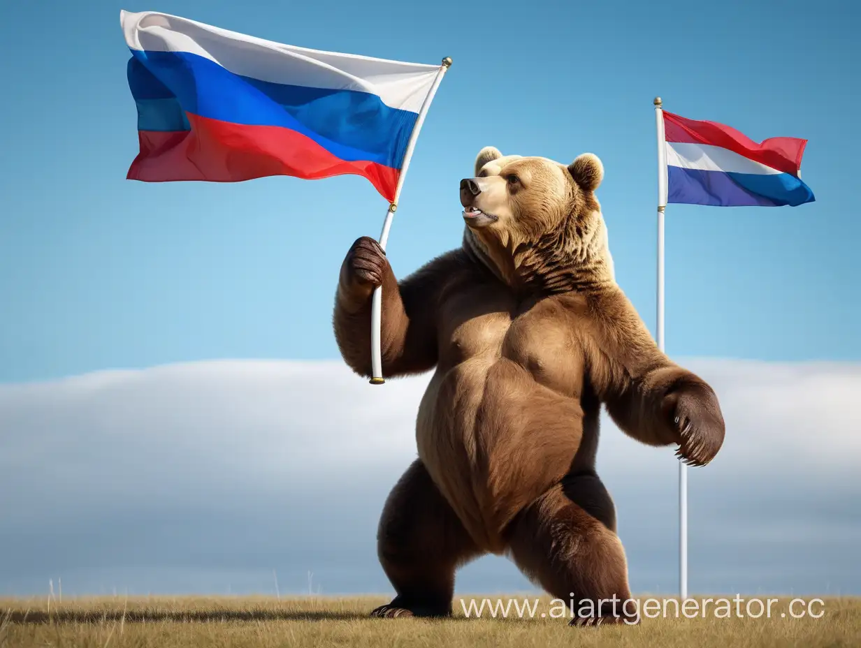 серьезный бурый медведь   держит в лапах 1 флаг Российской Федерации который развивается на ветру