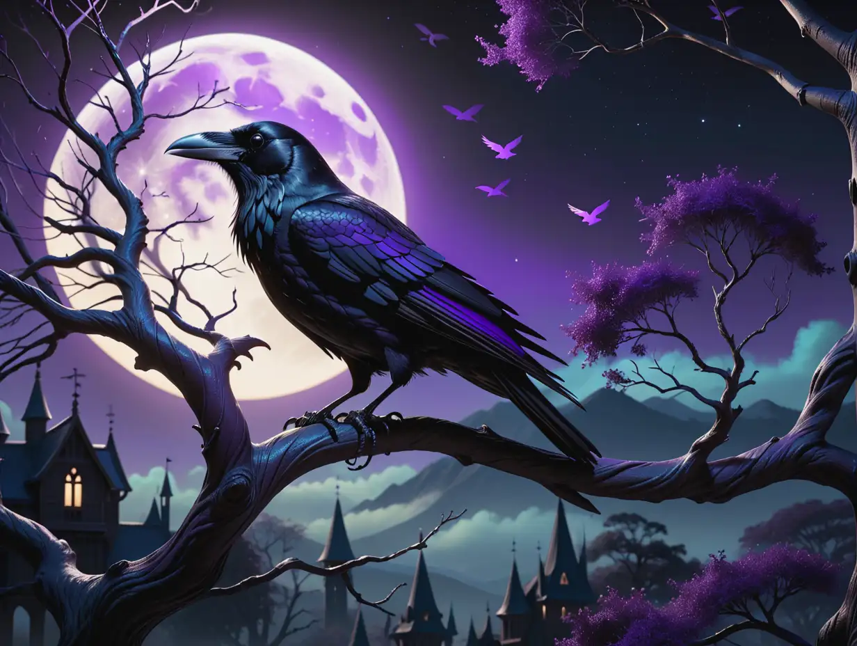 A captivating 3D conceptual art piece, showcasing a whimsical gothic design with a raven perched atop a twisted tree branch. The sky is illuminated by a bright, eerie moonlight, casting shadows on the surrounding landscape. The raven's feathers shimmer with a touch of iridescent purple. The overall atmosphere is dark and mysterious, with a hint of enchantment, set against a black background that accentuates the vivid details of the 3D render., conceptual art, 3d render

