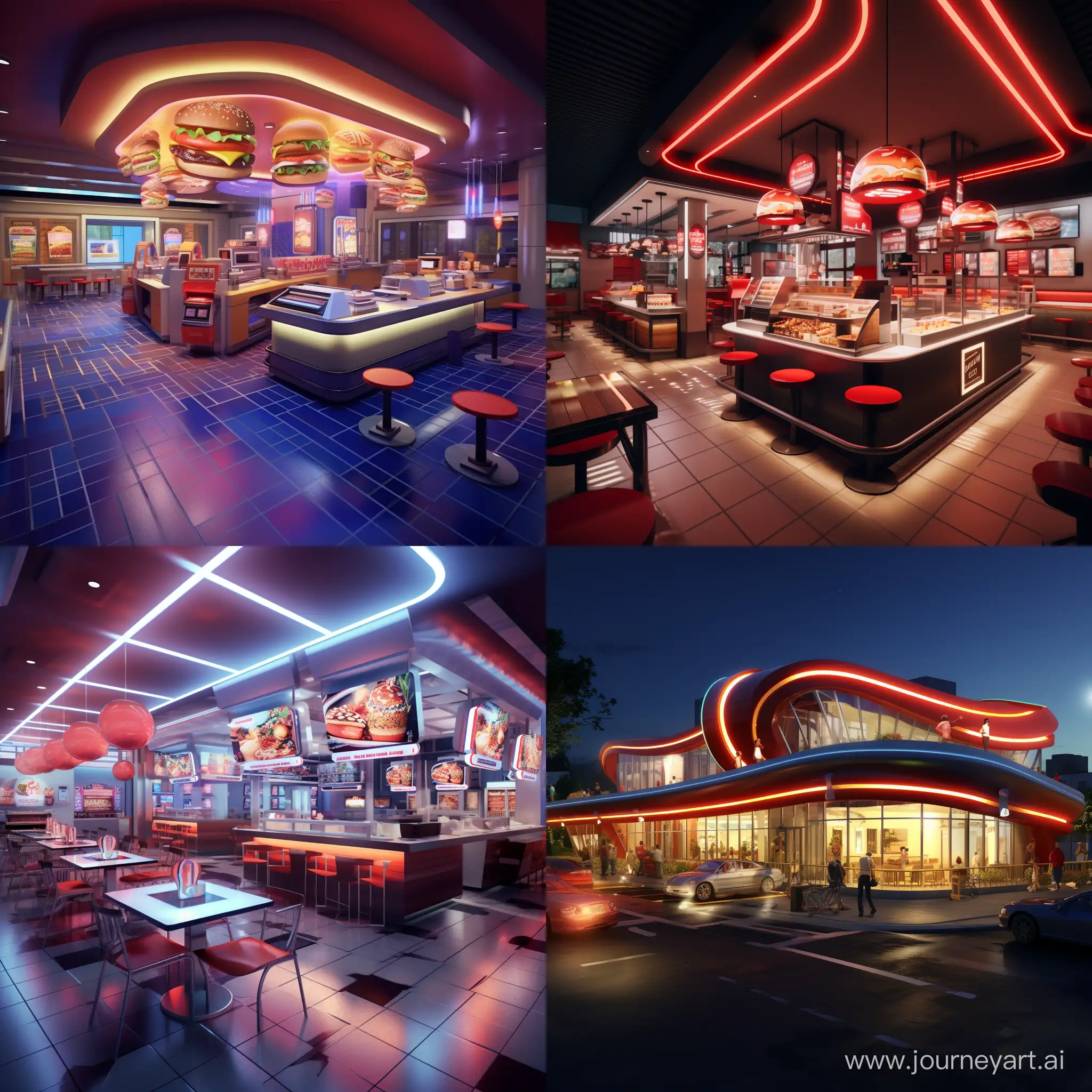 A very huge fast food restaurant. 3D animation 