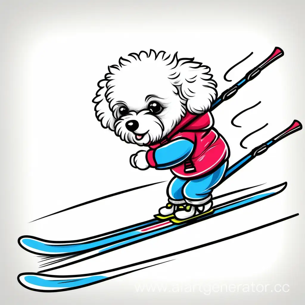 Нарисуй горнолыжника с собакой бишон на лыжах и напиши по русски четверг- день горнолыжника