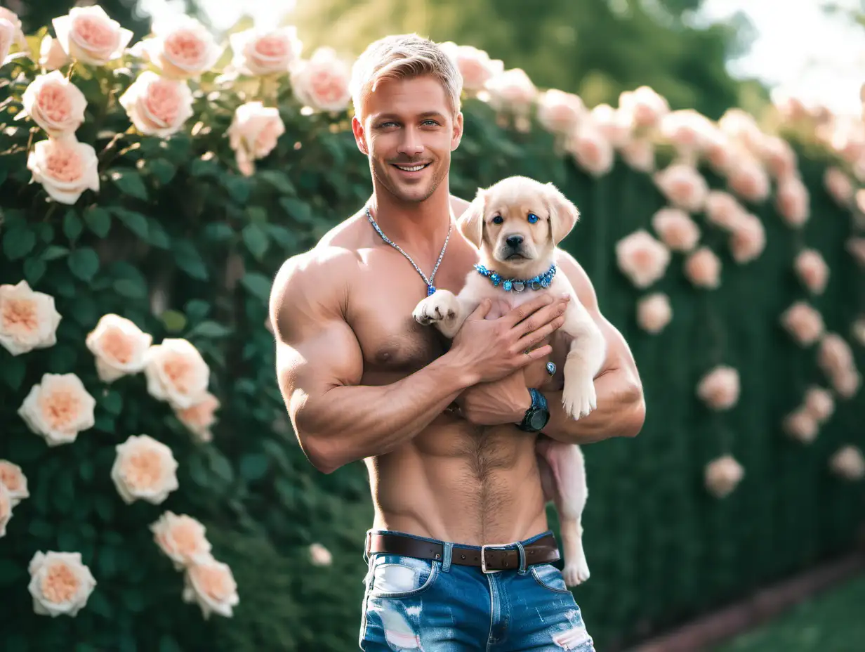 A hunk is holding his adorable puppy in his arms, handsome, blonde, 30 years old, 5 o'clock shadow, blue eyes, blue crystal necklace, short hair, shirtless, muscular, very sweaty, torn jeans, open shirt, smiling, full body shot, rose garden