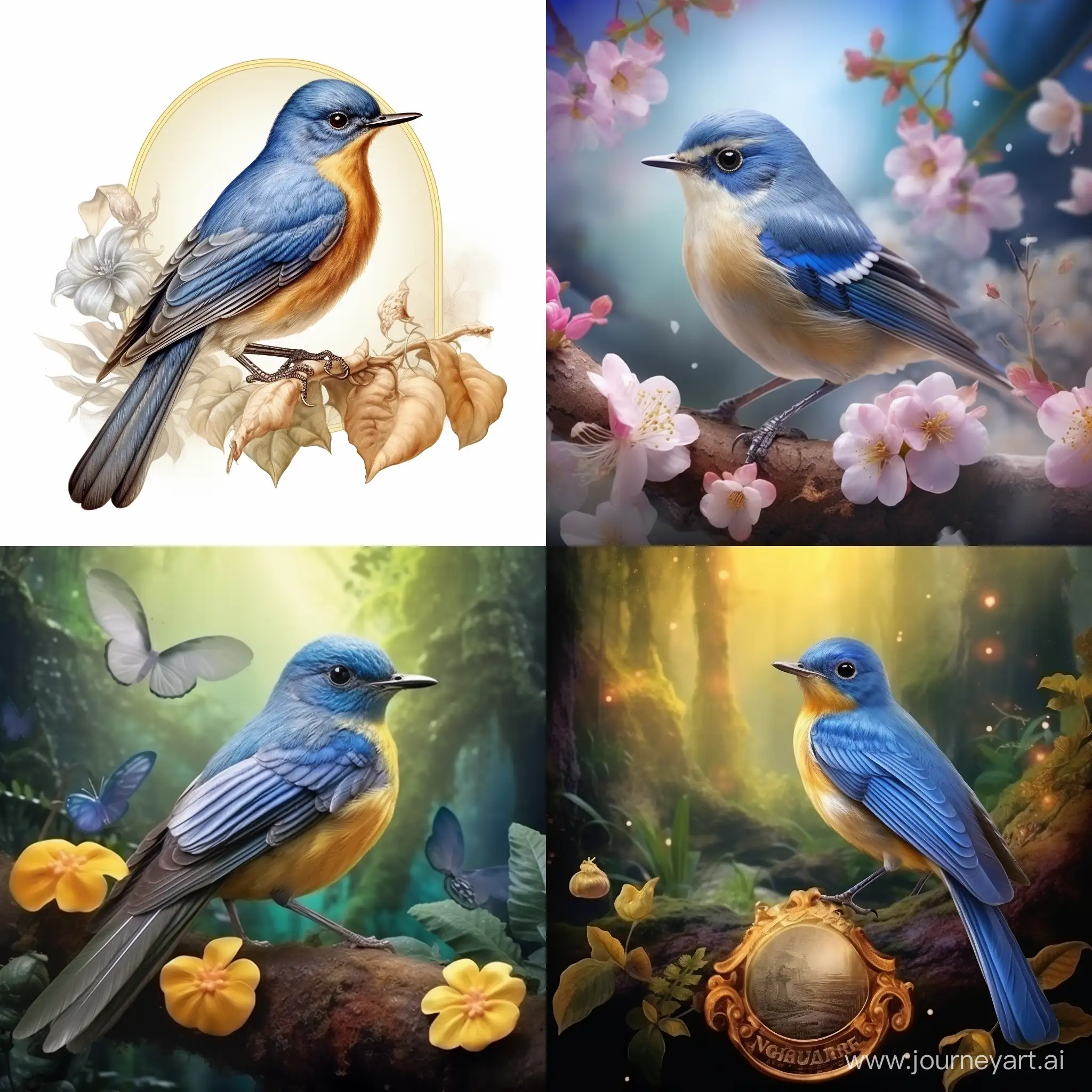 Decorative symbol. Hyperrealistic  a Cyornis Banyumas or other name Hill Blue Flycatcher bird with banner  text "Tledekan Murottal". Impressive, background blur, gold 3D, ultra realistic, ultra photo realistic, without any text, logos or brands present.