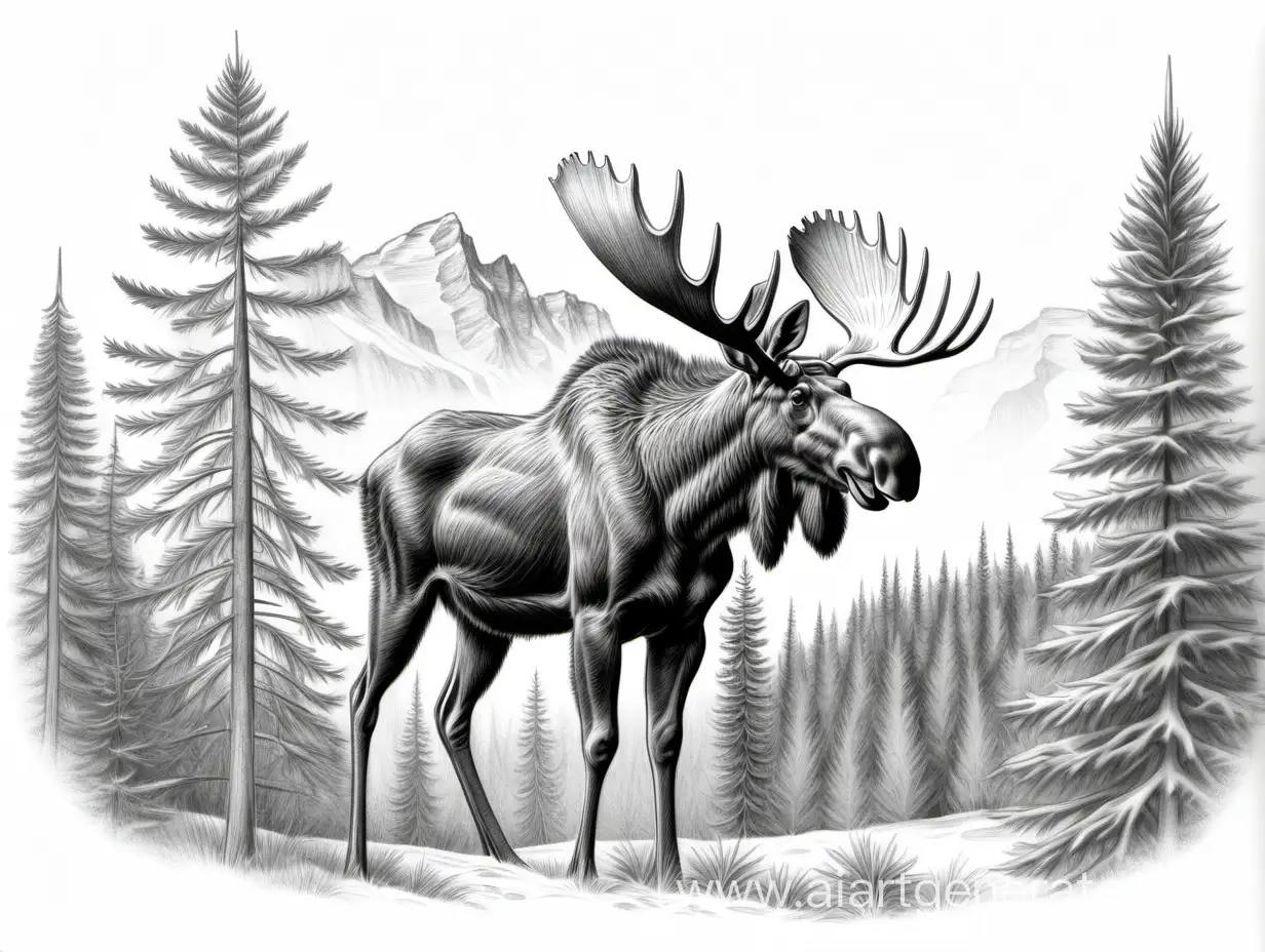 Realistic-Moose-Drawing-with-Fir-Tree-on-White-Background