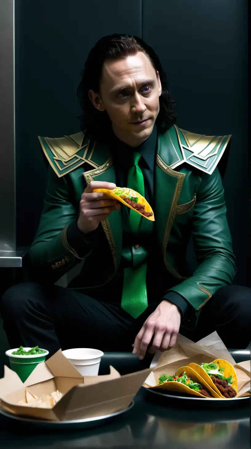 make an image in dark theme  of tom hiddleston as loki sitting in a bank eating tacos.