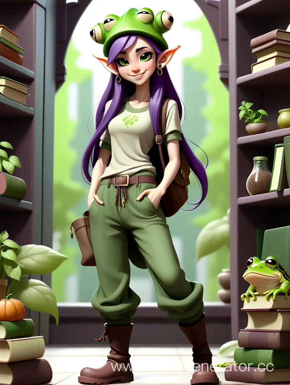 Smiling-Asian-Girl-with-Purple-Hair-and-Frog-Hat-Sporting-Comfortable-Clothing-and-Accessories