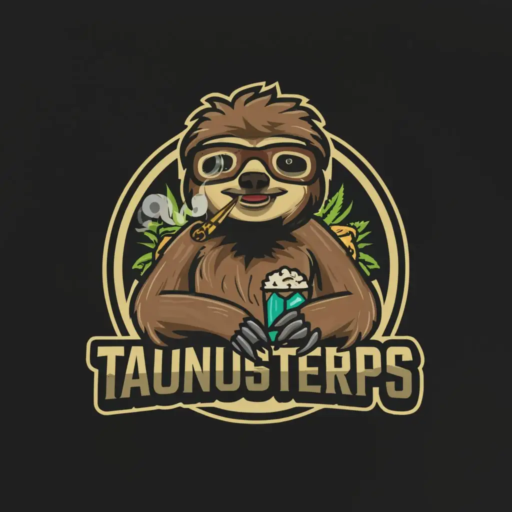 a logo design, with the text 'TaunusTerps®', main symbol: a stoned sloth wearing nerdy glasses smoking a joint and a pack of weed buds and add some cannabis, complex, clear background