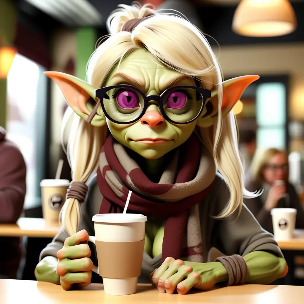 blonde female goblin holding a beverage in a coffee house wearing glasses and a scarf