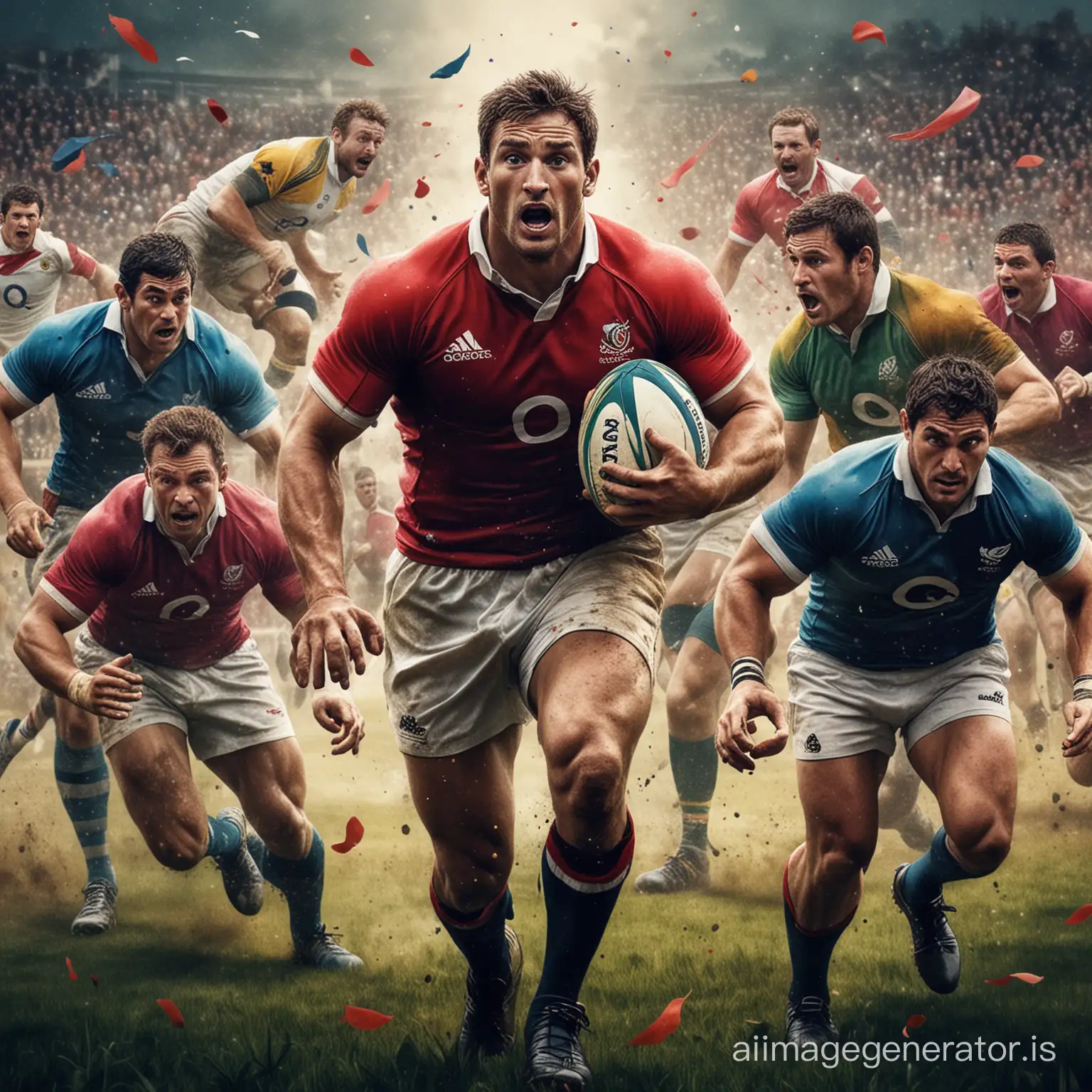  A striking movie poster for "The Art of RUGBY" features a diverse group of RUGBY icons, each holding a unique work of art that symbolizes their respective movements and struggles. The background is an energetic and bold color palette, with a mix of abstract and realistic art styles. The overall atmosphere of the poster is inspiring and empowering, as it celebrates the power of art and creativity in the face of adversity. 