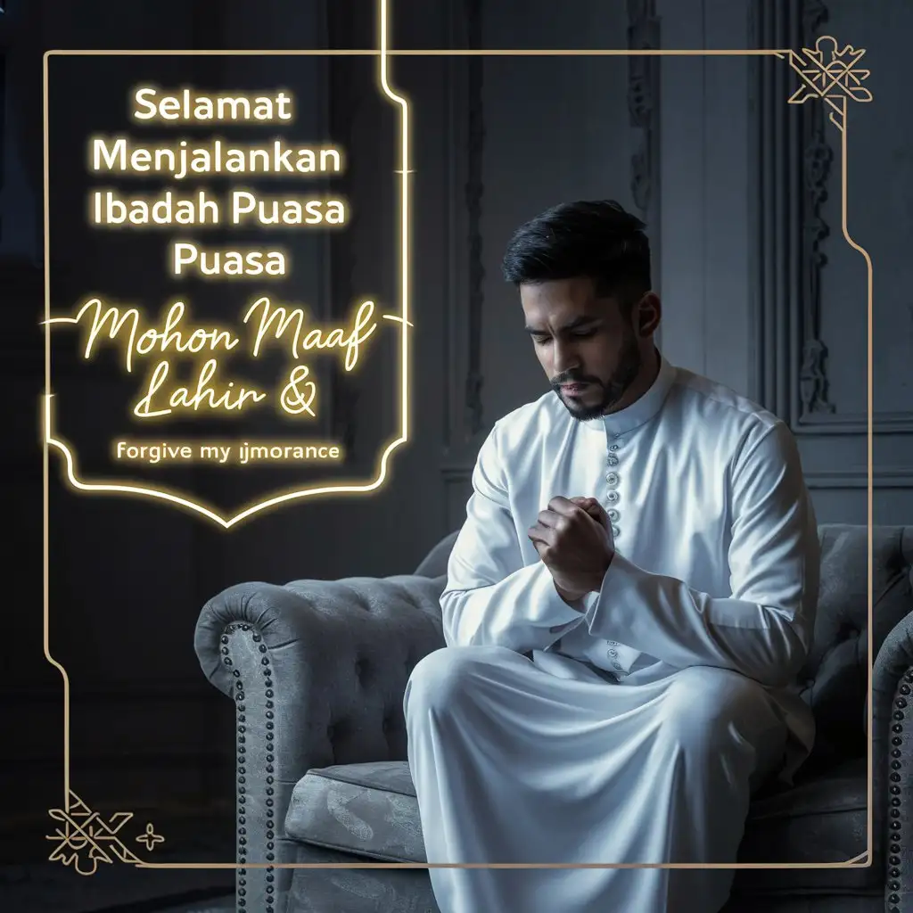 Ambil foto studio Indonesia, seorang pria tampan berusia 23 tahun, berbadan kurus, mengenakan busana muslim, berpose sambil berdoa, duduk di sofa empuk yang mewah. Di dinding terdapat tulisan neon besar "SELAMAT MENJALANKAN IBADAH PUASA" "Mohon Maaf Lahir & Bathin" dengan font berwarna emas muda.