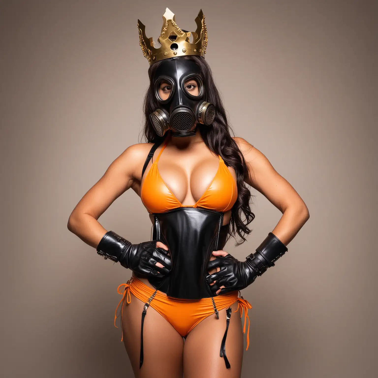 Latina Woman in Black Gas Mask and Gold Crown Wearing Orange Bikini