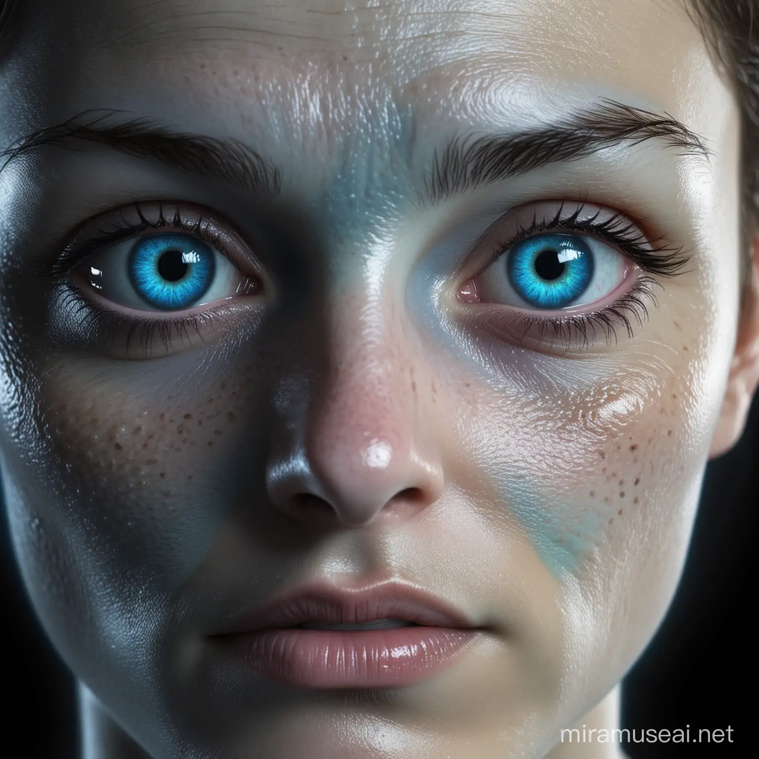 Generate bluish, glowing-eyed aliens reincarnated in human faces
