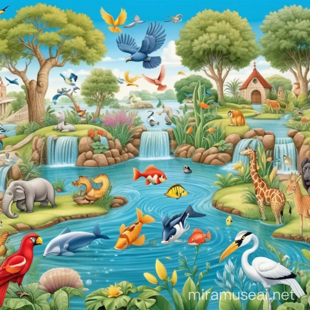Cartoon Garden of eden with different animals including birds and fishes in the water