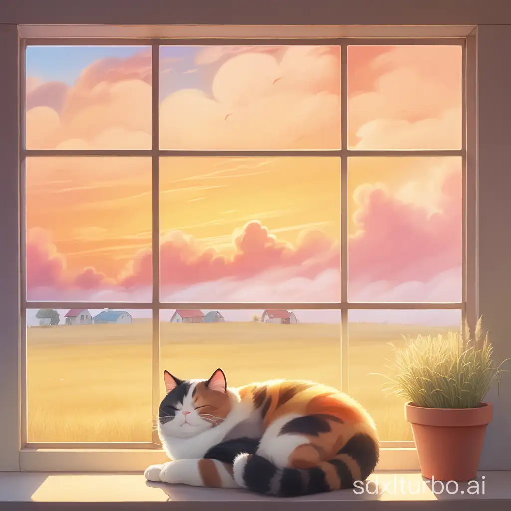 a fat 4 colors cat sleeping in a window of a house during sunset, grassland with clouds, fog, cute, adorable, brightly, adorable, warm  colors palette, oversaturated, kawaii